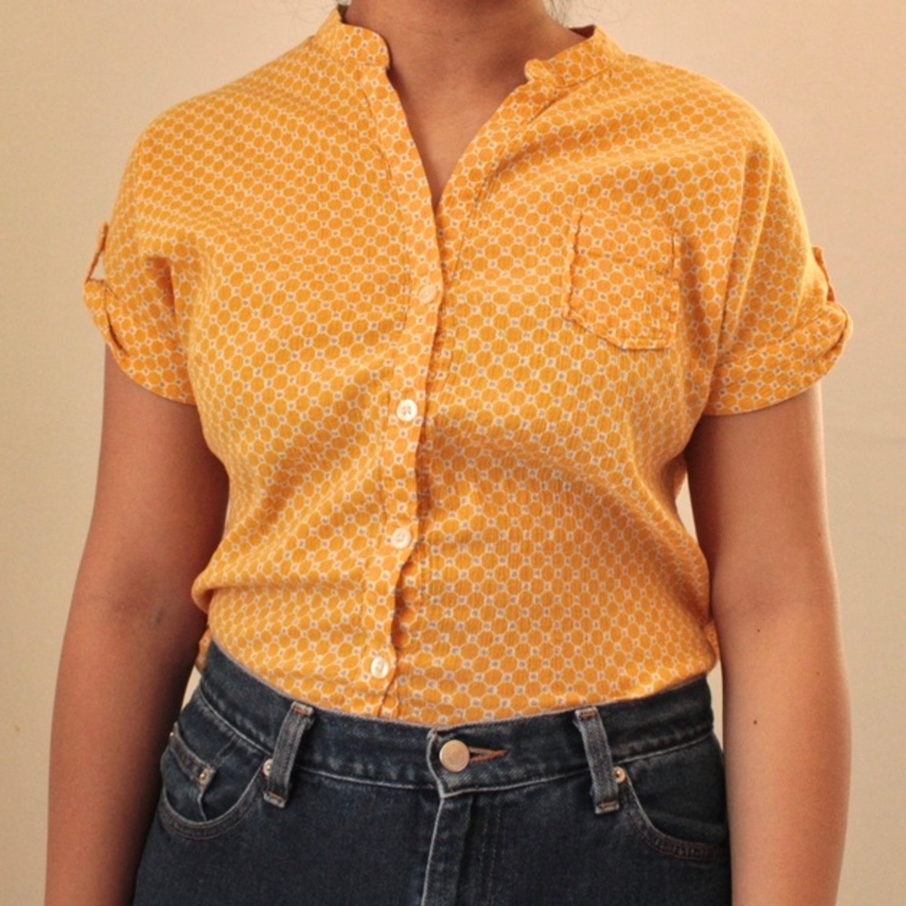 Mustard Yellow Patterned Button Down Top w/ Pocket